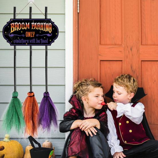 Halloween Broom Parking Sign with 3 Wooden Witch Brooms Solid Wood Hanging Decoration Halloween Decor Broom Parking Sign for Front Porch Wall