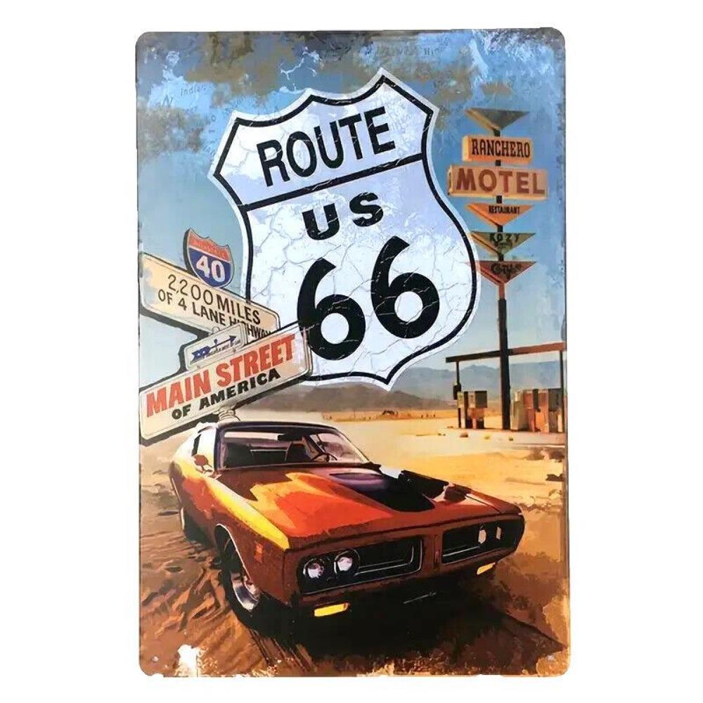 Прочный Железный Винтажный Металлический Знак Route 66  Настенное Искусство Route US 66 с Классическим Автомобилем 66  Отметки Миль Route 66  Ретро 1960-х R 20X30CM