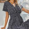 Summer Beach Bohemian Flowy Dress Women Polka Dot Chiffon Midi V Neck Short Sleeve Sundress with Elastic Waist