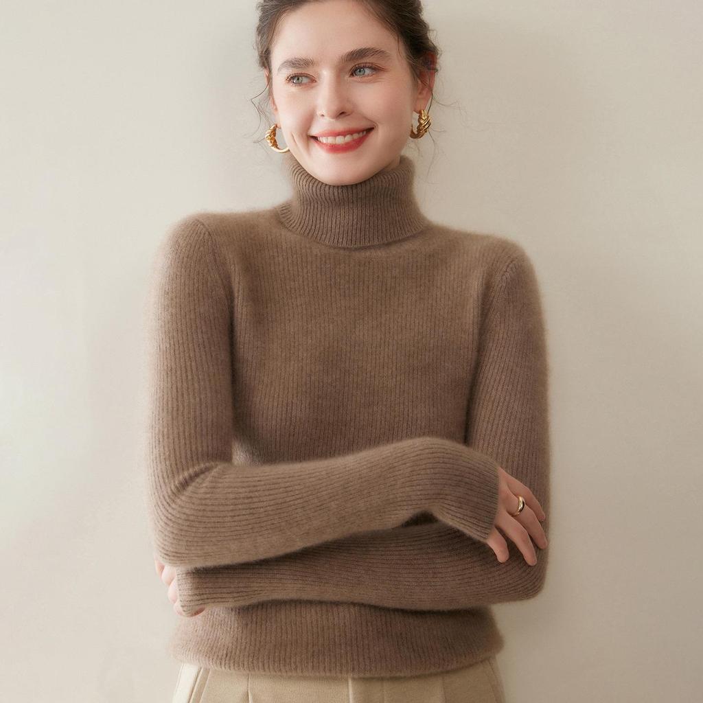 Women's Striped High-Neck Cashmere Sweater: Autumn/Winter Slimming Wool Pullover and Base Layer Knitwear