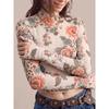 Camiseta de Malla de Manga Larga Ajustada para Mujer Estampado de Flores Top Sexy