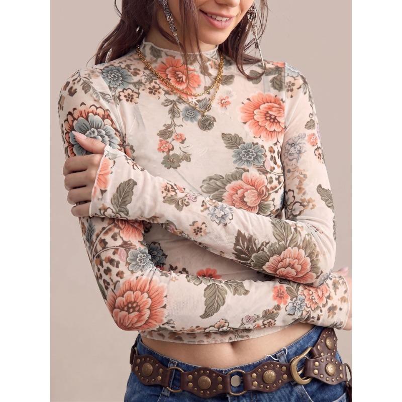 Camiseta de Malla de Manga Larga Ajustada para Mujer Estampado de Flores Top Sexy
