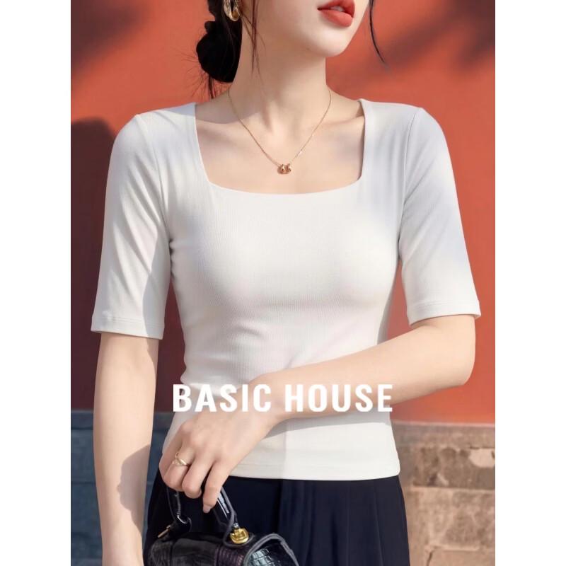 Basic House Women s Slim Fit Square Neck Cotton Short Sleeve T-Shirt M