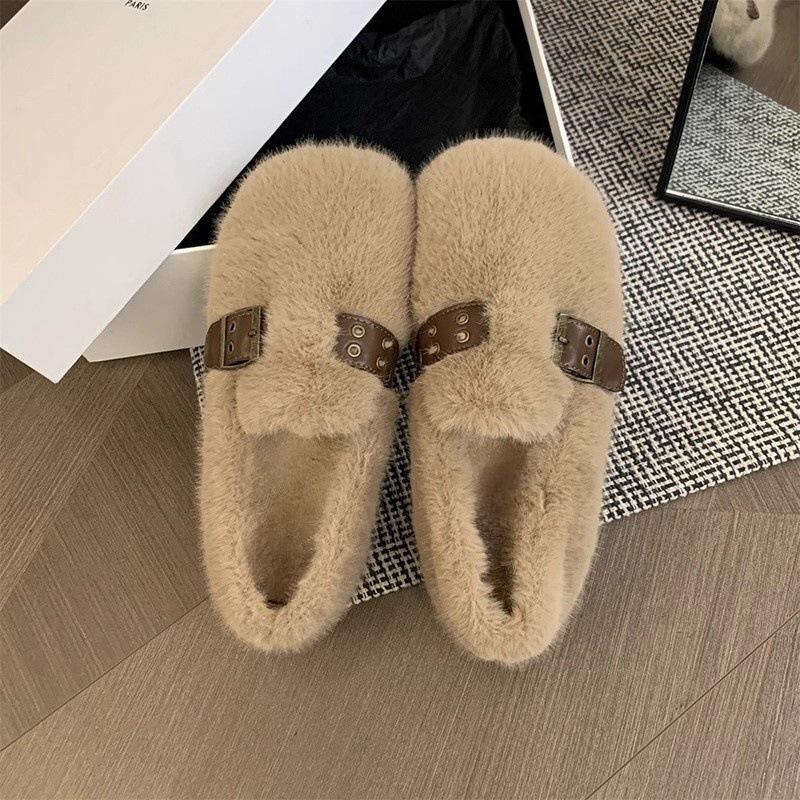 Mink Hairy Shoes Women Wear 2025 New Autumn and Winter Fairy Wind One Pedal Bean Shoes Women's Flat-bottomed Velvet Cotton Shoes