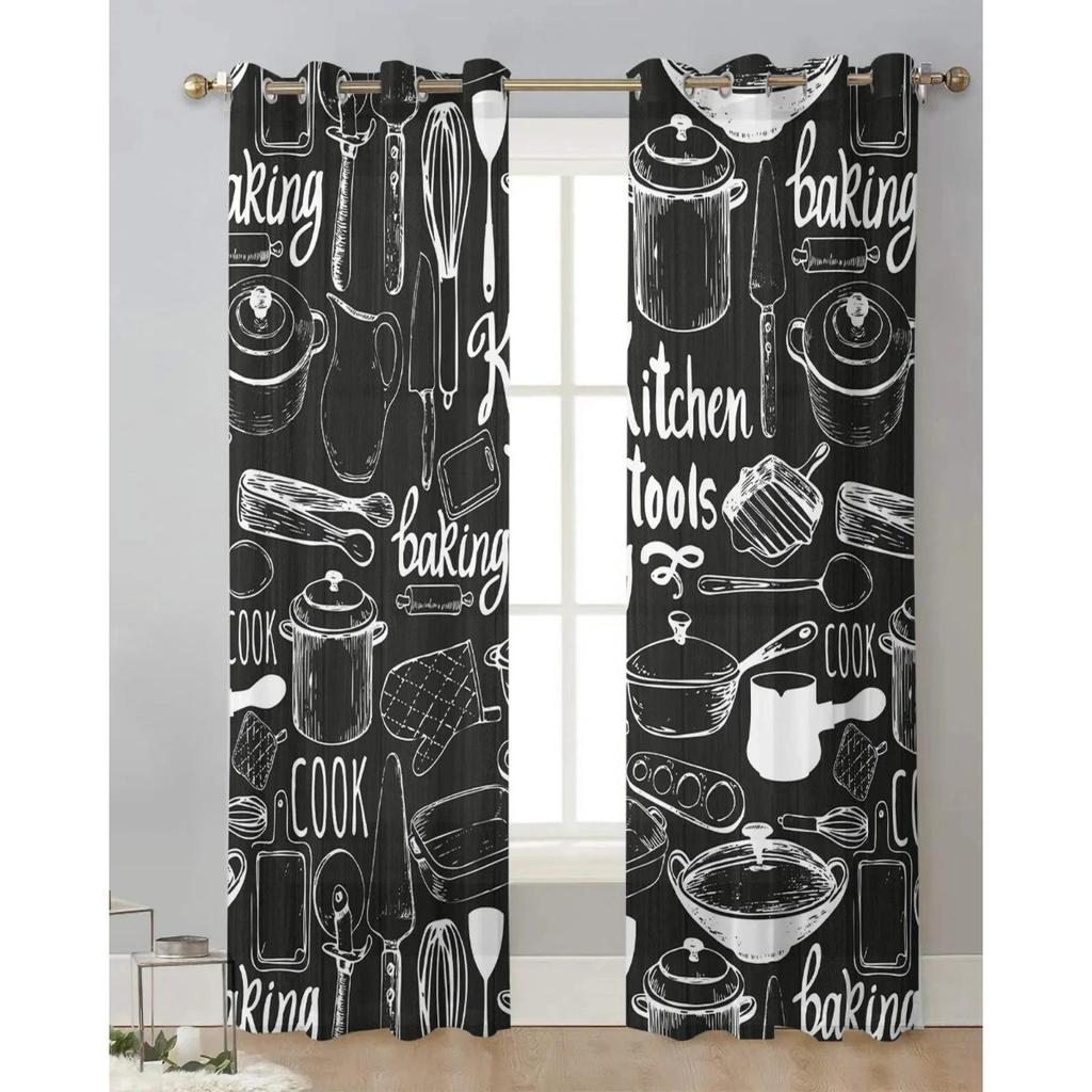 3D 2 Panels Chiffon Sheer Vorhang Küche Vorhang Küchengeschirr Chef Print Voile Tüll Cortinas für Küche Wohnzimmer Fenster Cort