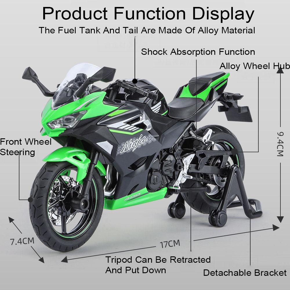 1:12 Scale Kawasaki H2R 400 Motorcycle Model Toy Car Alloy Fuel Tank Rubber Tires Motorbikes Shock Absorption Toys for Kids Gift