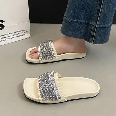 Fashion Versatile Casual Exquisite Rhinestone Thick-soled One-word Slippers Women's Summer Retro Temperament Open-toed Flat-bottomed Cool Slippers