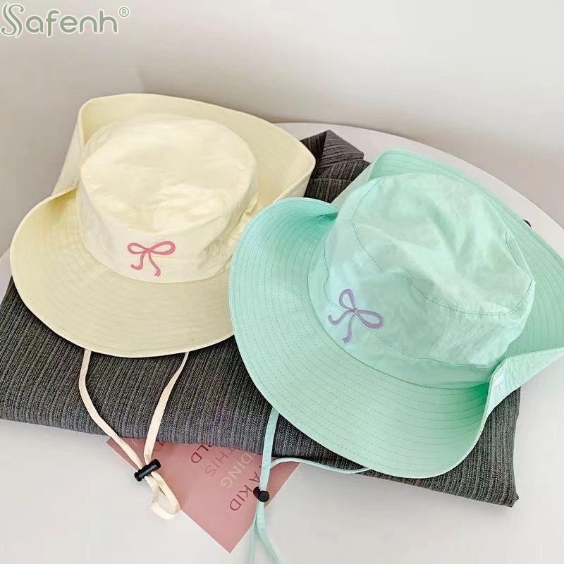 1Pcs Summer Hiking Camping Caps Fashion Bow Embroidery Quick Dry Bucket Hat Wide Brim Fordable Sunscreen Y2K Hats Girl Women