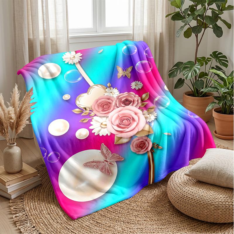 Elegant Floral Frame Theme Blanket Lightweight Warm Flannel Blanket Decorative Throw Blanket for Home Decoration