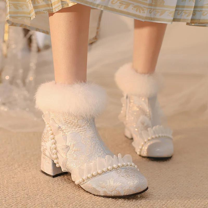 Fashion 2025 Autumn Winter New Elegant Beaded Rabbit Hair Women's Ankle Booties Lace Lady Boots Printed Cheongsam Hanfu Femme Dress Shoe