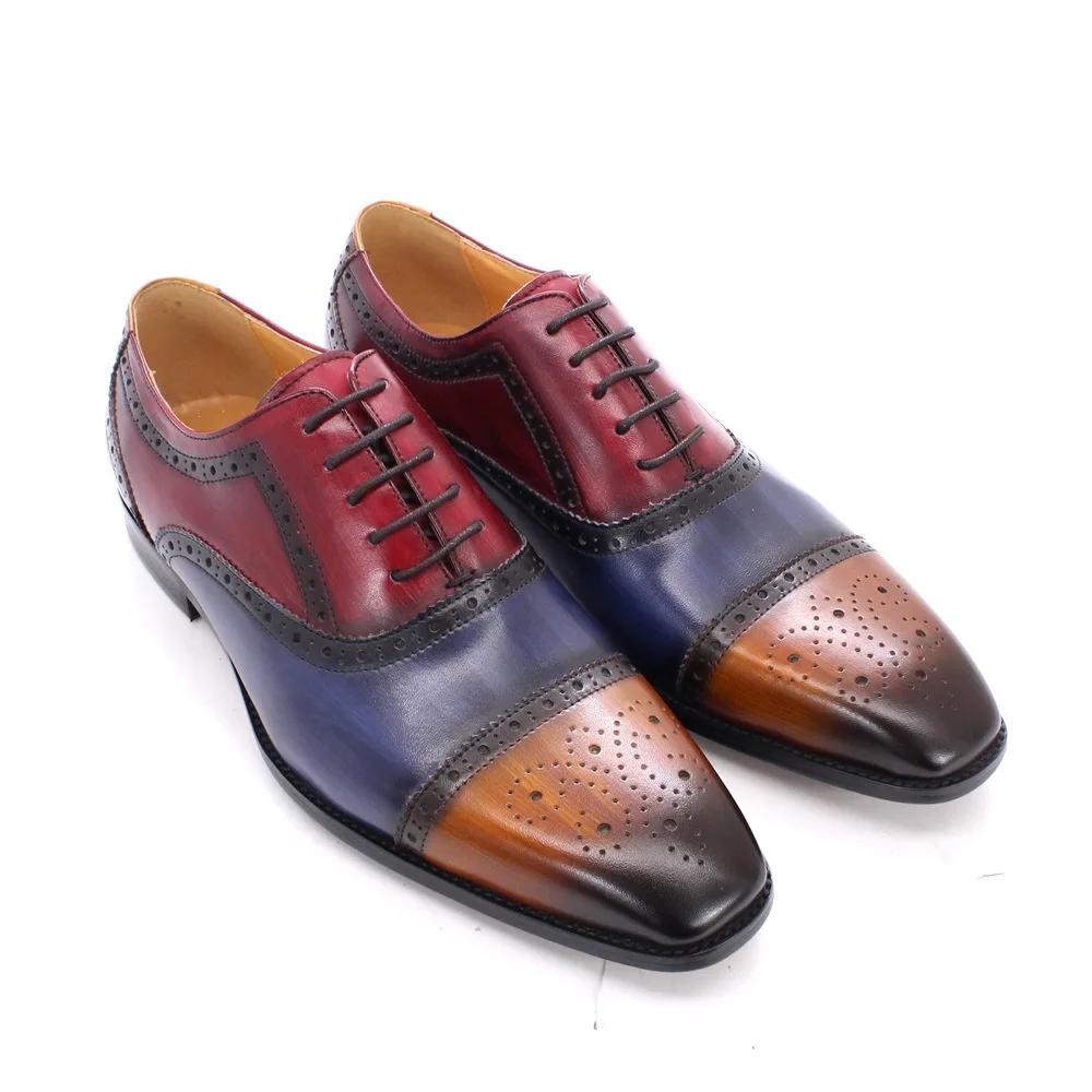 2024 Luxury Brogue Handmade Mens Dress Shoes Calf Leather Cap Toe Oxford Colorblock Lace Up Wedding Party Formal Shoes for Men