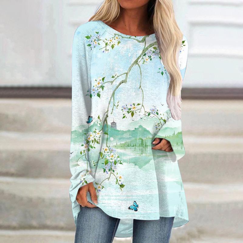 

Spring and Autumn Round Neck 3D Flower Printed Top Fashionable Casual Temperament Long Sleeved Women s T-shirts S