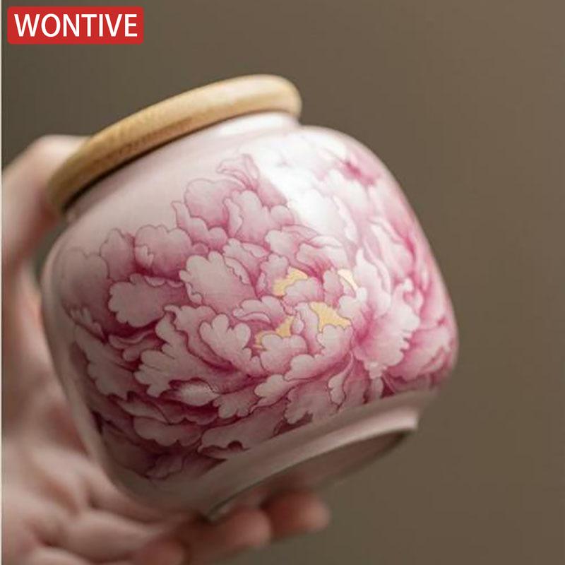 Pink Ru Kiln Peony Tea Canister Household Ceramic Sealed Candy Jar Portable Ceramic Nut Coffee Bean Storage Box Home Jewelry Box