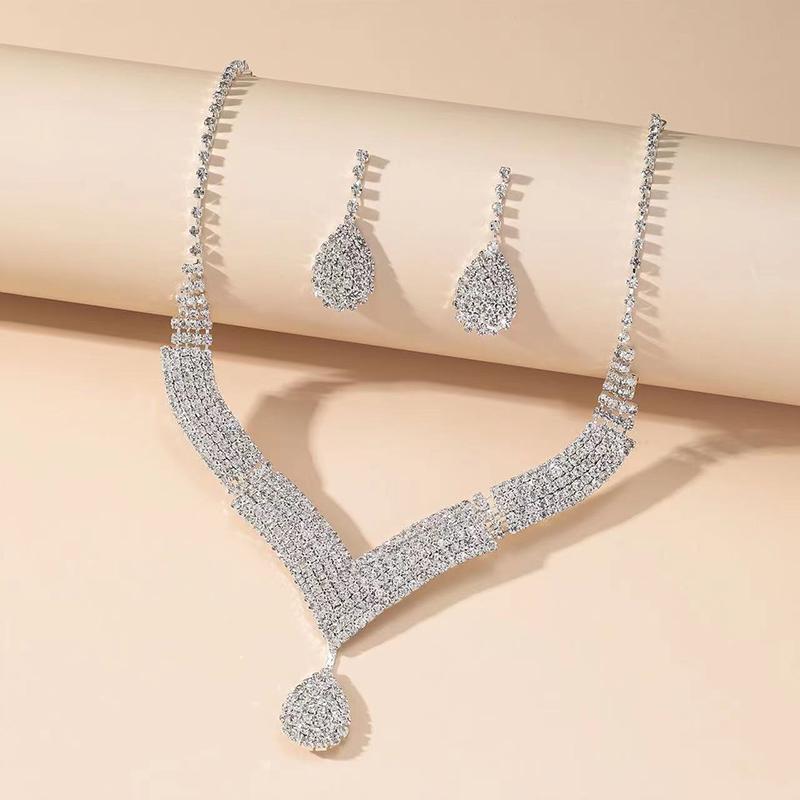 2Pcs Fashionable Rhinestones Necklaces Earrings Jewelry Set Women'S Wedding Accessories Gift