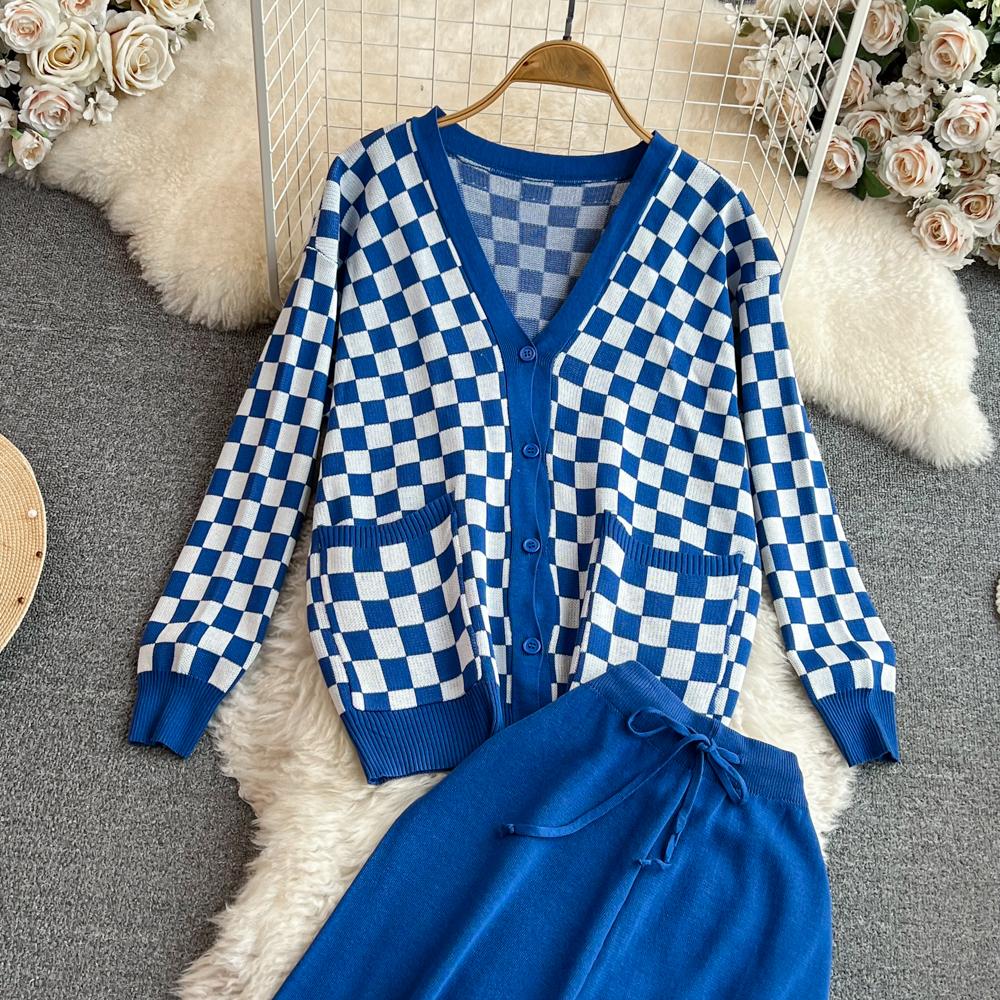 Herbst Vintage Marke Plaid Gestrickte Pullover Hose 2 Stück Set Frauen Trainingsanzug Einreiher Mantel + Knöchel Länge Hosen Outfits