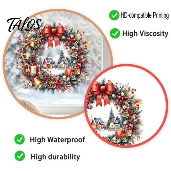 Festive Wreath Decorations Watercolor Christmas Static Window Cling, Reusable Xmas Sticker with Red Bow Seasonal Home Decor Winter Snowy Decal,