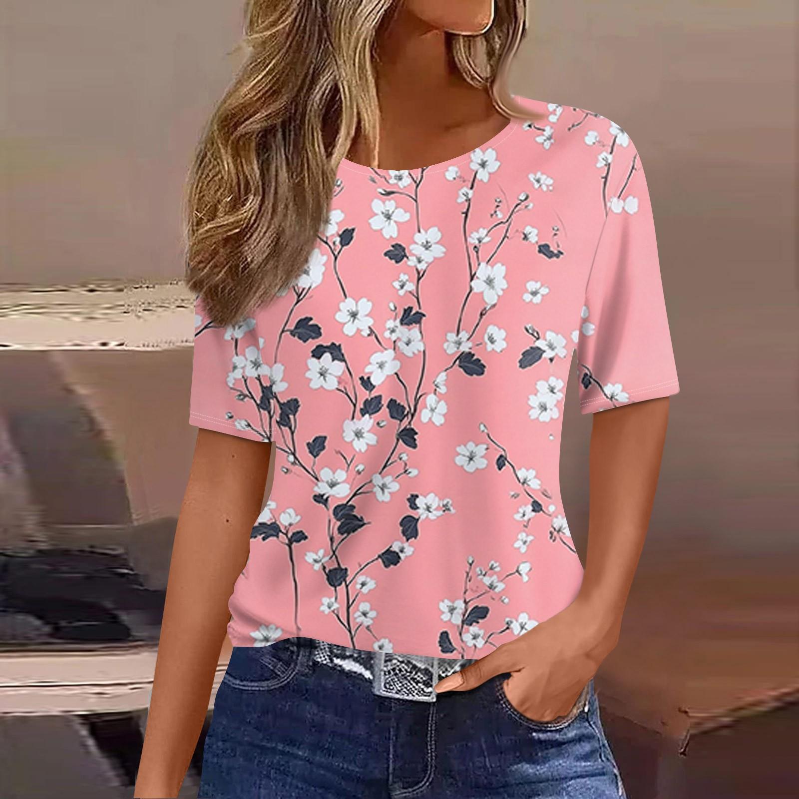 

Женская модная повседневная футболка с цветочным принтом и круглым вырезом с коротким рукавом XL винный