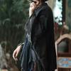 Retro Black Patchwork Linen Shirt with Frayed Edges and Frog Buttons