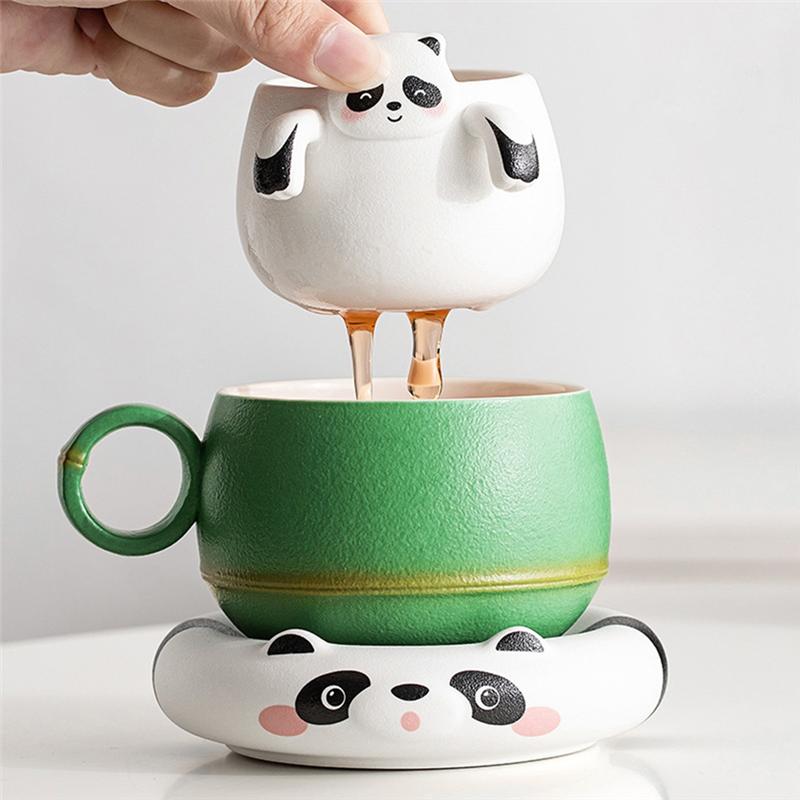 A95I-Bambus Panda Filter Tee Trennbecher Japanische Teetasse mit Sieb Haushalt Teezubereiter Büro Wasserbecher Teeset Geschenk