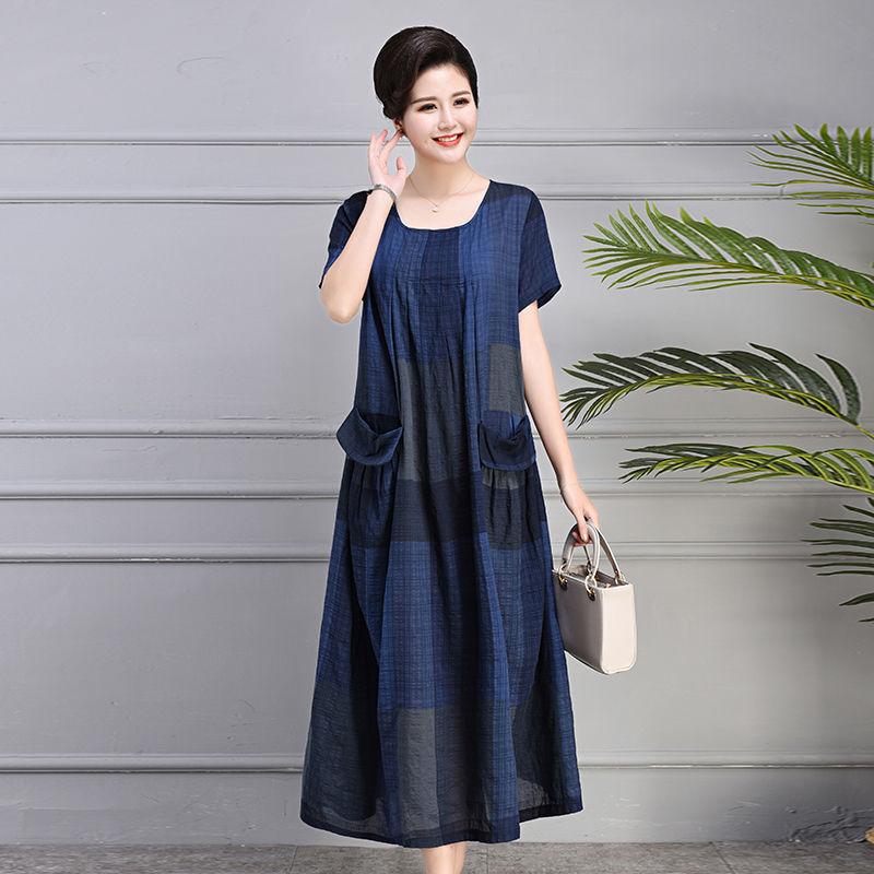 Mother Middle-aged Summer Cotton and Linen Dress Plus Size 100kg Loose Casual Linen Long Skirt Over The Knee