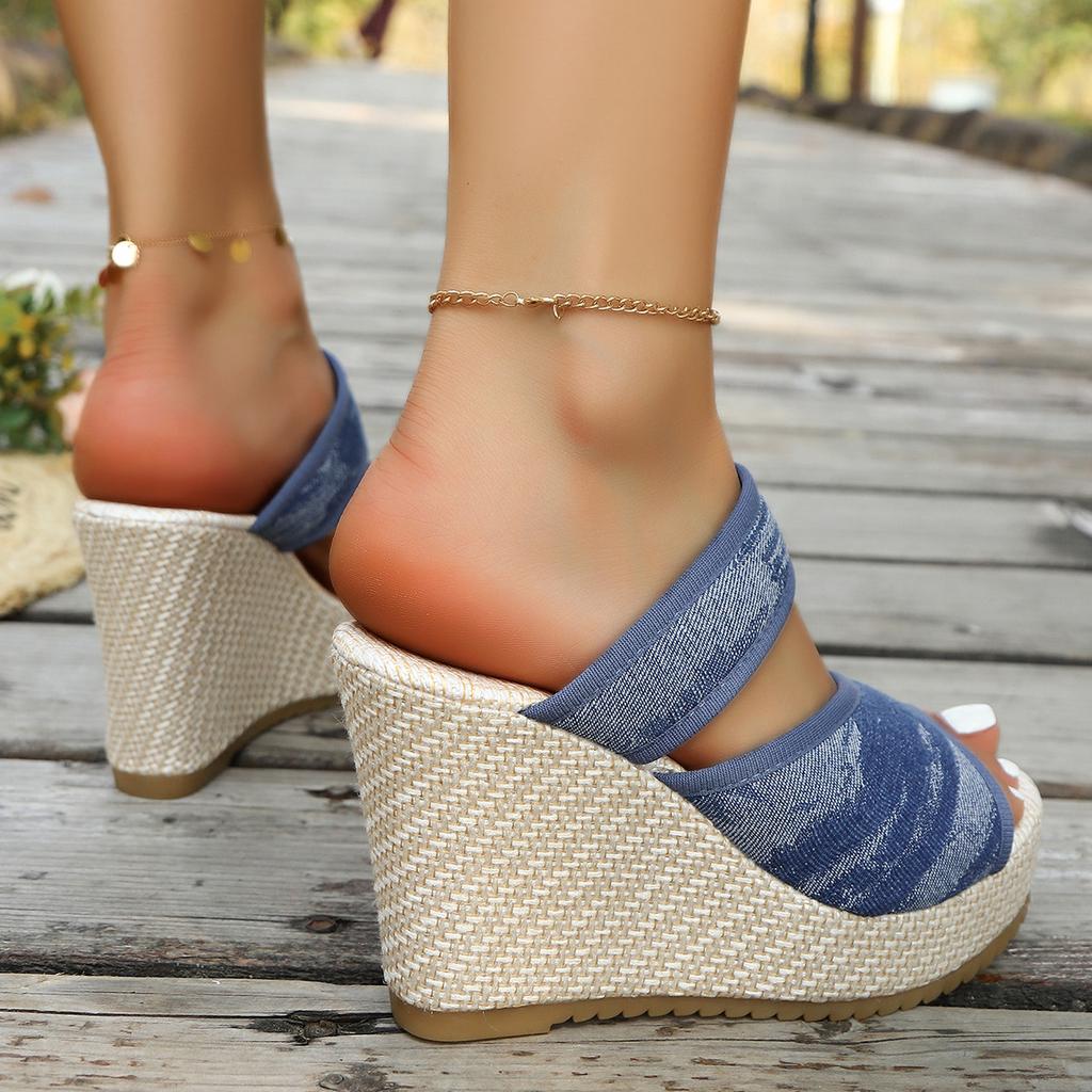 Fashion Summer 2025 new sandals, wedge heel, waterproof platform, thick-soled denim high-heeled large-sized slippers