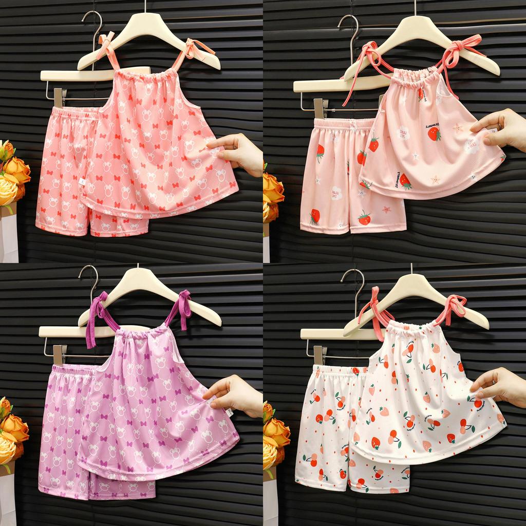 Summer Girl Shorts Pajama Set With Ice Silk Fabric For Toddler Girls