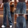 Spring and Autumn High-waisted Thin Solid-color Jeans National Style Embroidery Casual All-match Wide-leg Trousers Women