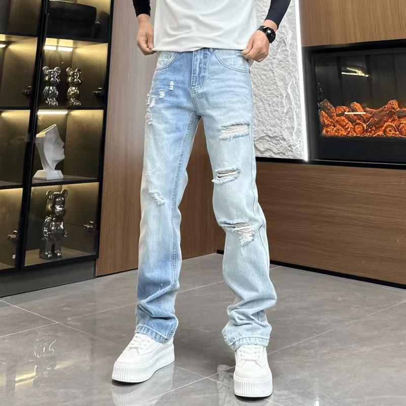 Summer new American retro washed old jeans men's loose straight pants trendy wide-leg pants casual trousers