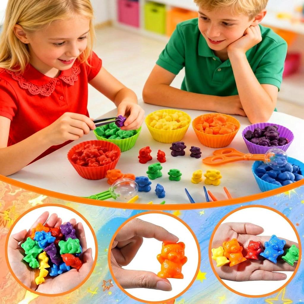 Colorful Counting Bears With Sorting Cups Tweezers Toddler Counting Color Sorting Educational Toy Gift For Kids Boys Girls