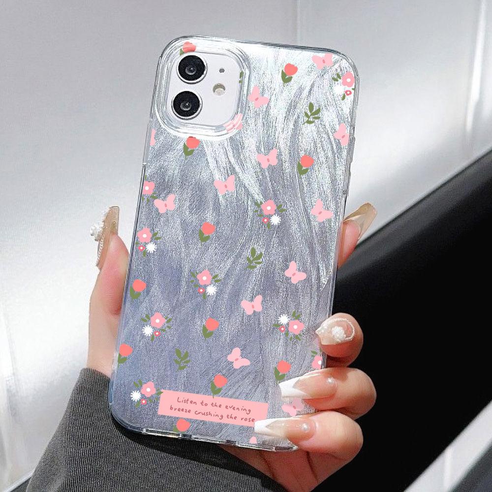Pink small floral application iPhone17promax Apple 16 laser mobile phone case 14/13 large hole 15ins wind