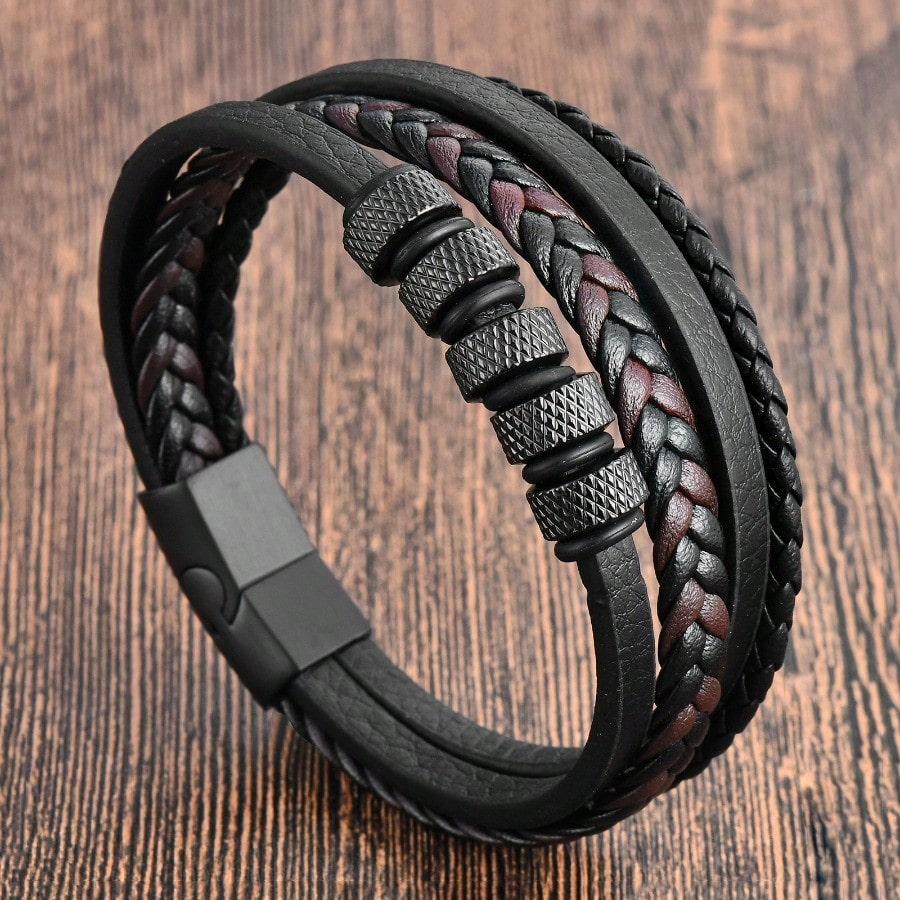 Simple Stainless Steel Leather Rope Bracelet,multi-layer Black Leather Woven Men's Bracelet Bangle