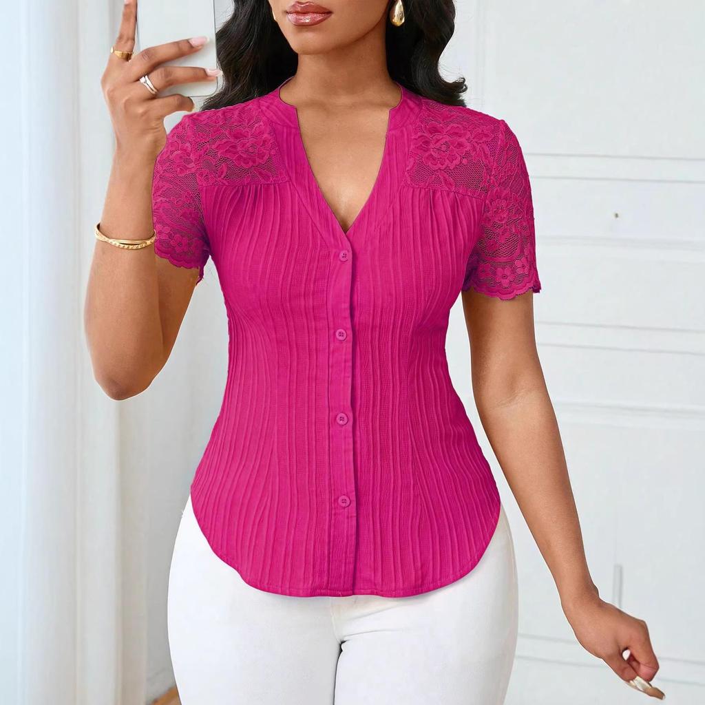 Women's Summer V-neck Embroidered Hollow Short-sleeve Shirt