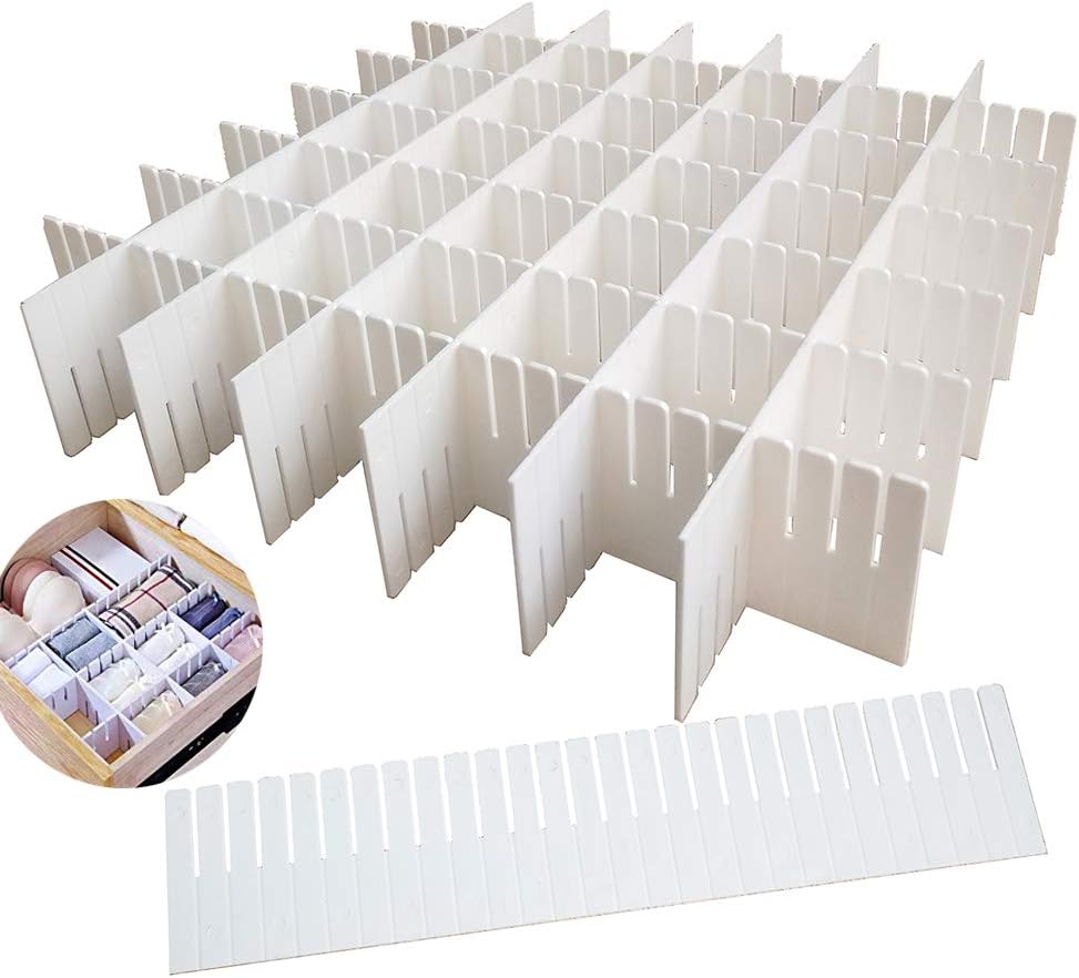 12PCS DIY Plastic Grid Drawer Dividers, White Adjustable Drawer Organizers for Socks and Underwear Storage