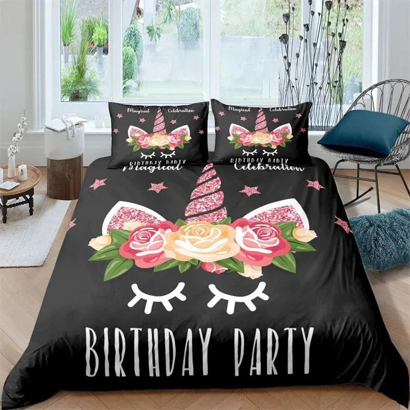 Cartoon Unicorn Duvet Cover Twin King Smiling Eyelash Rainbow Bedding Set For Kids Girls Microfiber Magical Animal Quilt Cover
