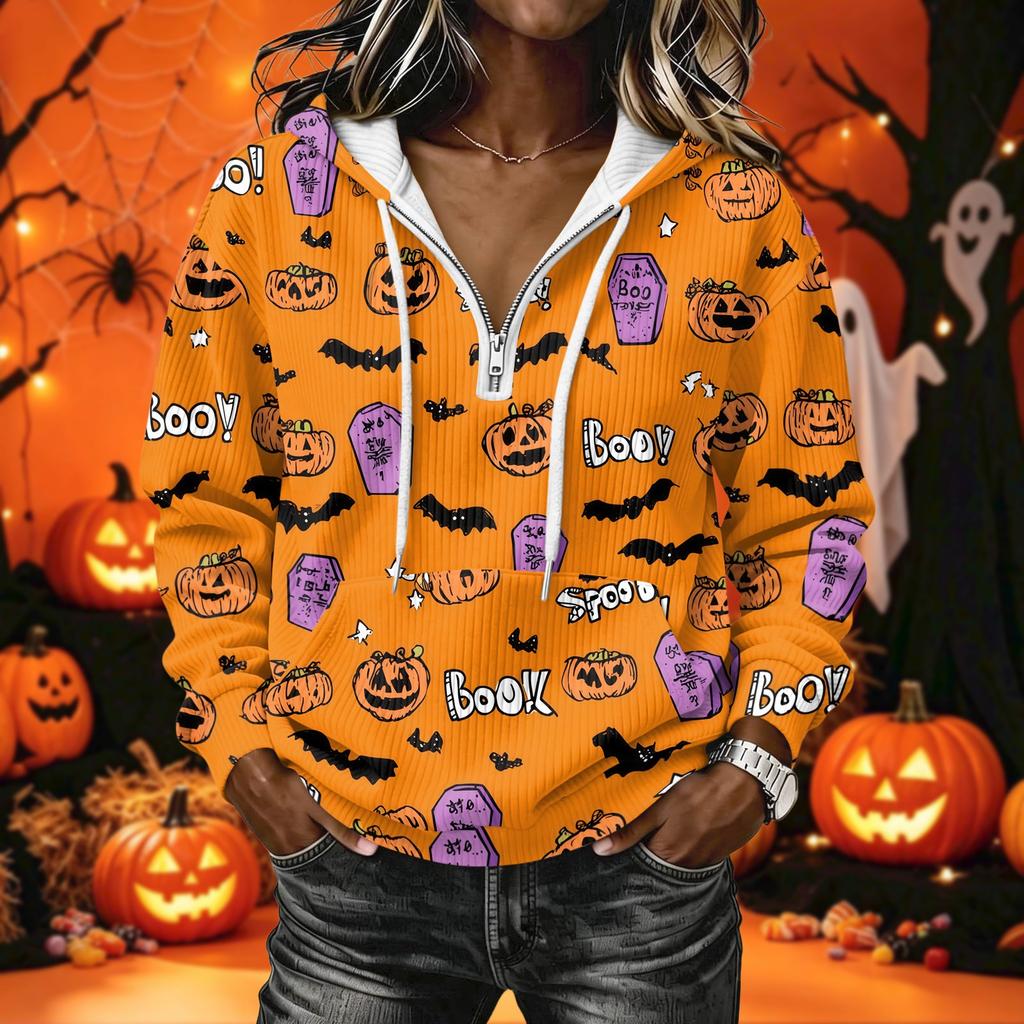 Women's Long Sleeve Halloween Print Hoodie Pullover with Casual Top