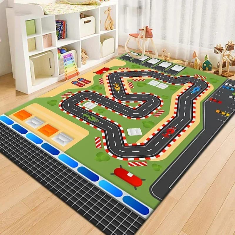 Kids Cartoon Animal Play Mat Game Carpet Elephant Lion Giraffe Educational Road Traffic Rug for Playroom Bedroom Non-Slip Carpet