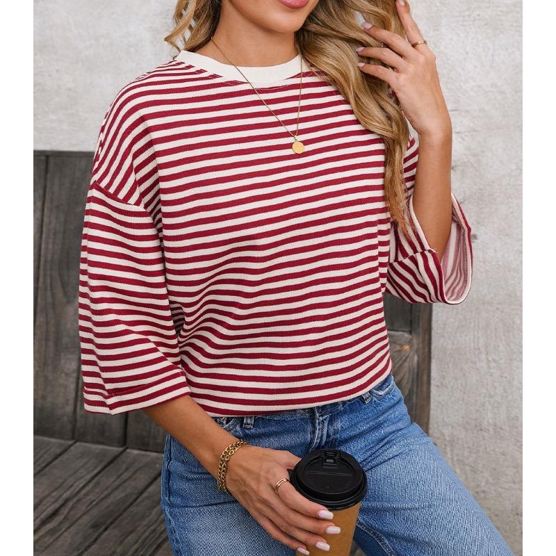 New Women's Round Neck Striped Back Tie Bow Pullover Knitted Top