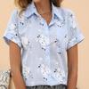Summer Women Floral Print Short Sleeve Cotton Linen Blouse Turn Down Collar Single Breasted Tops White Yellow Blue Casual Shirt