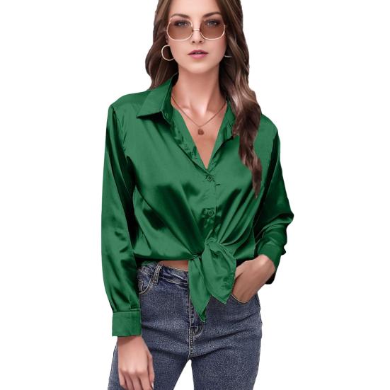 Women Shirt Lapel Long Sleeve Smooth Satin Shirt Tops Solid Color Loose Fit Casual Shirt Office Lady Shirt Daily Wear
