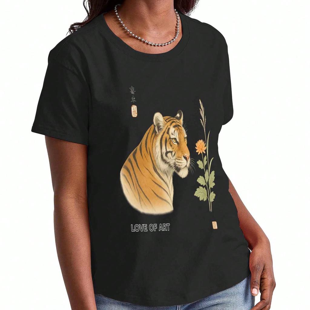 Damen T-Shirt aus reiner Baumwolle mit Tiger-Grafik, Hochwertiger Druck auf reiner Baumwolle, Langlebig, Lässige Mode, Tiger-Illustration Tee, Wildtier-Stil, Weich und