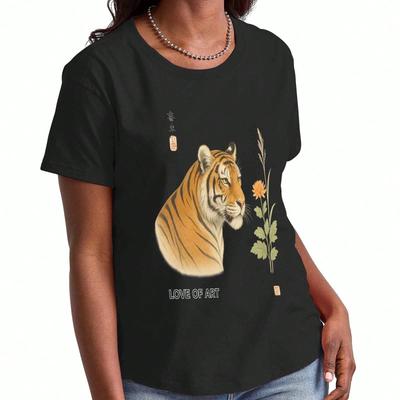 Tiger Graphic Ladies Pure Cotton T Shirt, Pure Cotton HighQuality Print, Durable, Casual Fashion, Tiger Illustration Tee, Wild Animal Style, Soft And 