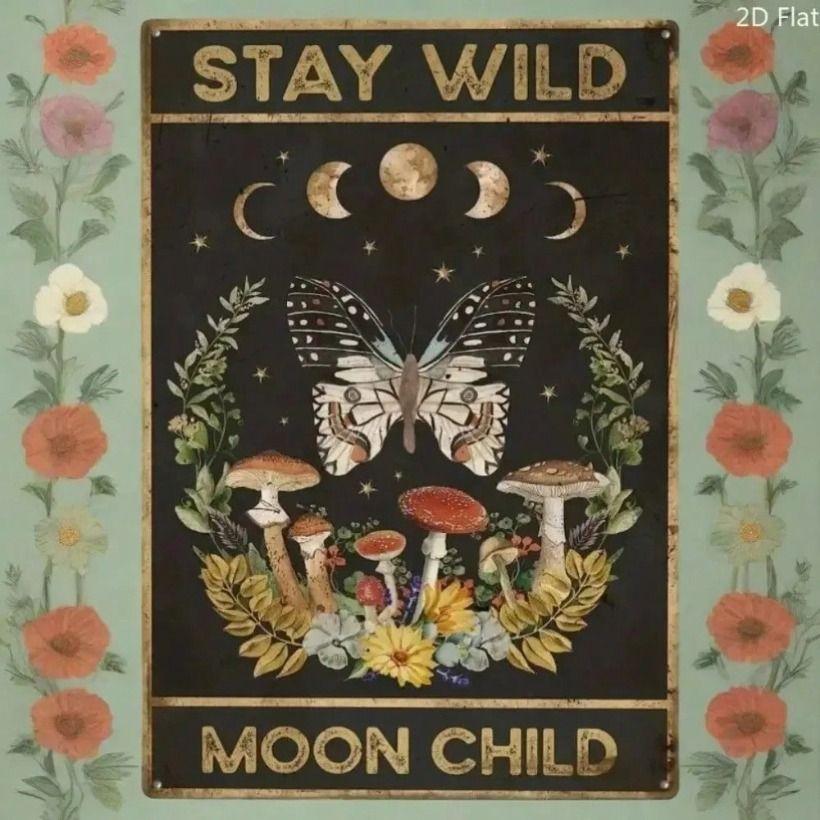 Vintage Metal Poster Butterfly Moon Wild Free Spirit Wall Art Decor
