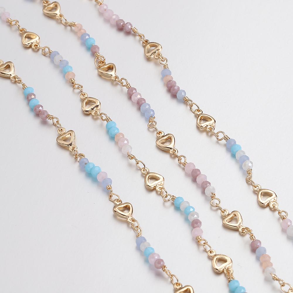 1meter Crystal Beads Chain KC Gold Color Love Heart Beaded Copper Chains for Necklace Bracelet Jewelry Making DIY Components