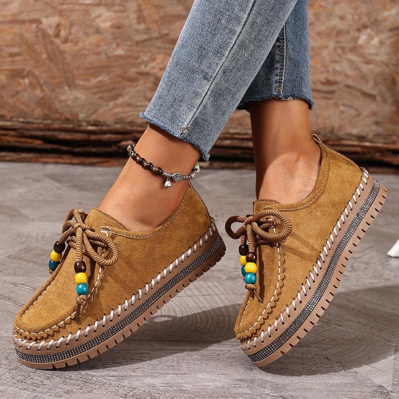 Women's Platform Flats, Front Lace-Up Bohemian Roman Shoes, Vintage Beaded Autumn Booties for Women