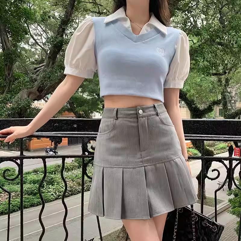 

Плиссированная юбка с карманами для женщин, летняя, с высокой талией, А-силуэта, стройнящая, универсальная, юбка-костюм, ткань, повседневная, универсальная, серая юбка XS