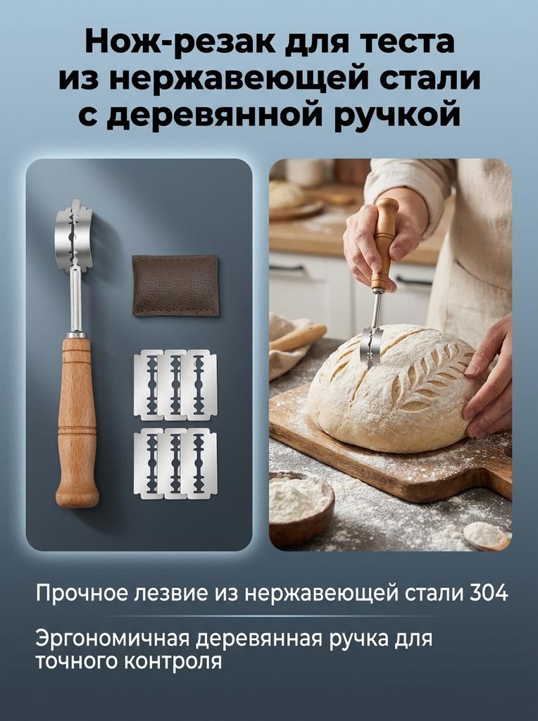 Stainless Steel Bread Scorer Wooden-Handle Curved Dough Cutter Tool For Baking