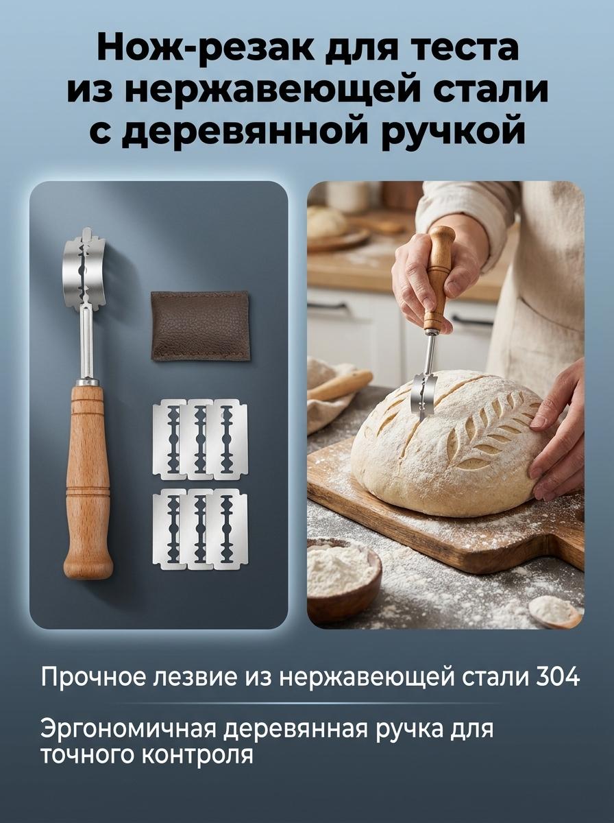 Stainless Steel Bread Scorer Wooden-Handle Curved Dough Cutter Tool For Baking Bread Scorer Box