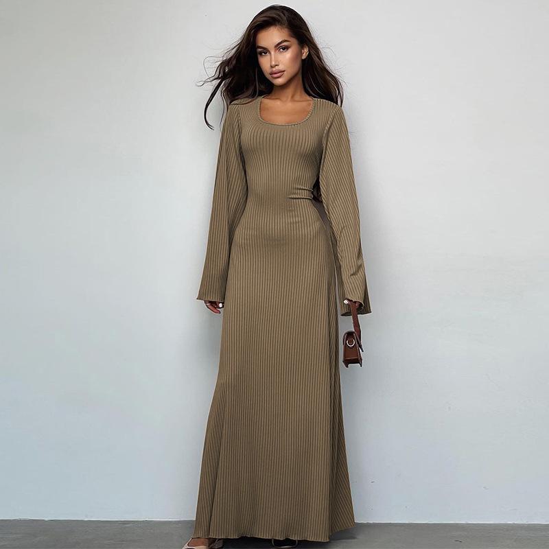 Women's Autumn Loose U Neck Back Tie Long Sleeve Dresses