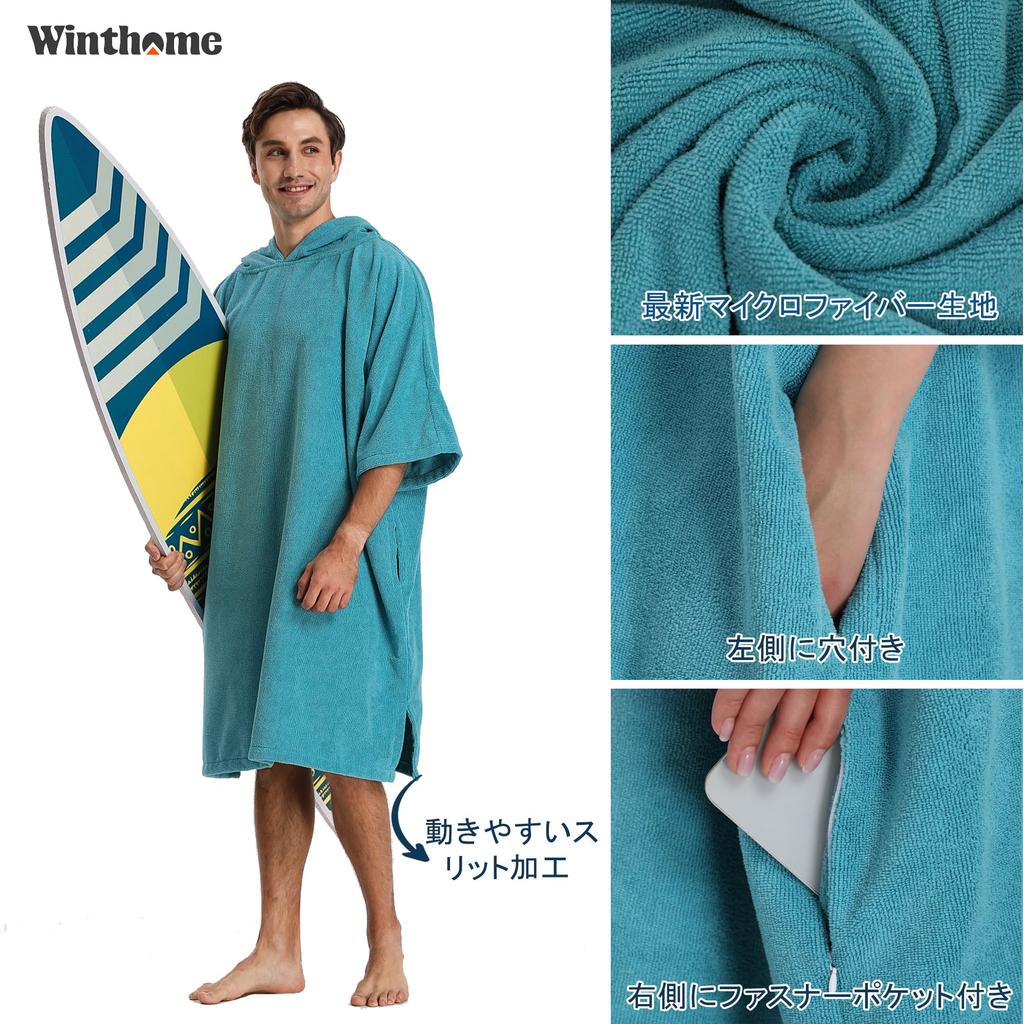 Winthome Sauna Poncho with Through-Pocket, Changing Surf Poncho, Quick-Dry Absorbent Warm Towel, Long-Sleeve Thick Microfiber, Unisex (Sax Blue)