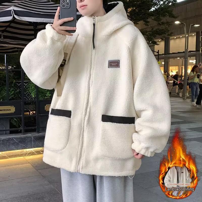 Herren Lammwolle Kapuzenjacke: Beidseitig, Samt gefüttert, Lässige lockere Passform für Herbst/Winter